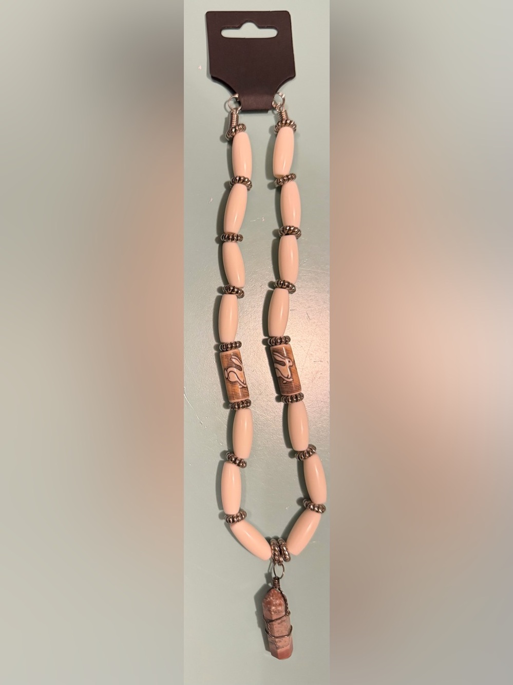 Cream Beaded Necklace with Brown Accent Beads and Gorgeous Brown Crystal Pendant